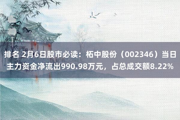 排名 2月6日股市必读：柘中股份（002346）当日主力资金净流出990.98万元，占总成交额8.22%