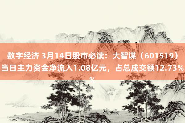 数字经济 3月14日股市必读：大智谋（601519）当日主力资金净流入1.08亿元，占总成交额12.73%