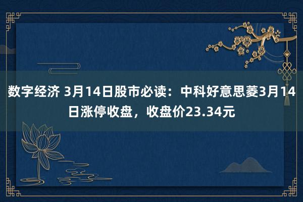 数字经济 3月14日股市必读：中科好意思菱3月14日涨停收盘，收盘价23.34元